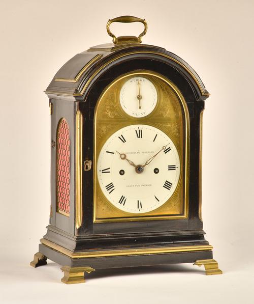 A GEORGE III BRASS-MOUNTED EBONISED TRIPLE-PAD TOP STRIKING BRACKET CLOCK