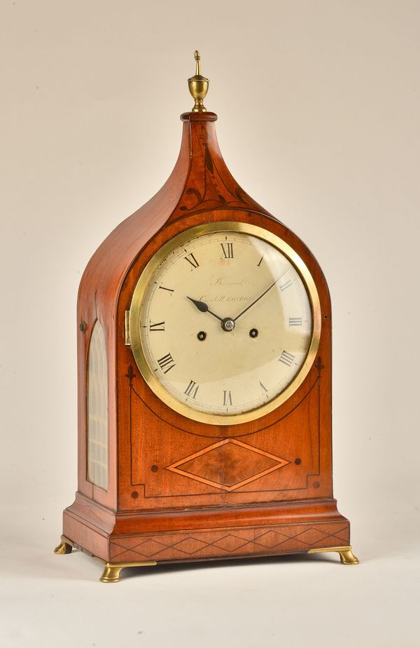 A GEORGE III MAHOGANY, INLAID AND OUTLINED STRIKING AND REPEATING BRACKET CLOCK