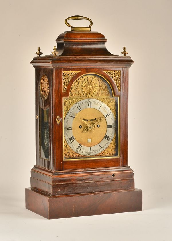 AN INTERESTING GEORGE III AND LATER STAINED PEARWOOD QUARTER CHIMING BRACKET CLOCK