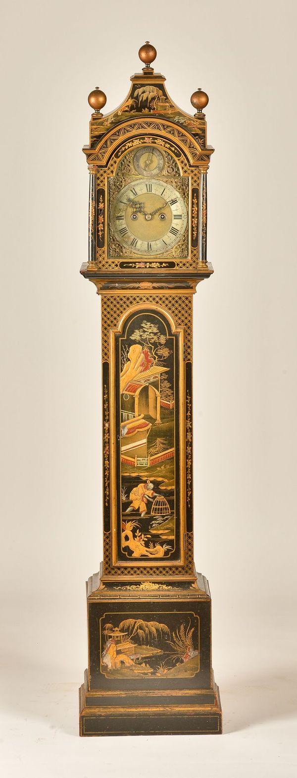 A PARCEL-GILT CHINOISERIE DECORATED MINIATURE STRIKING LONGCASE CLOCK