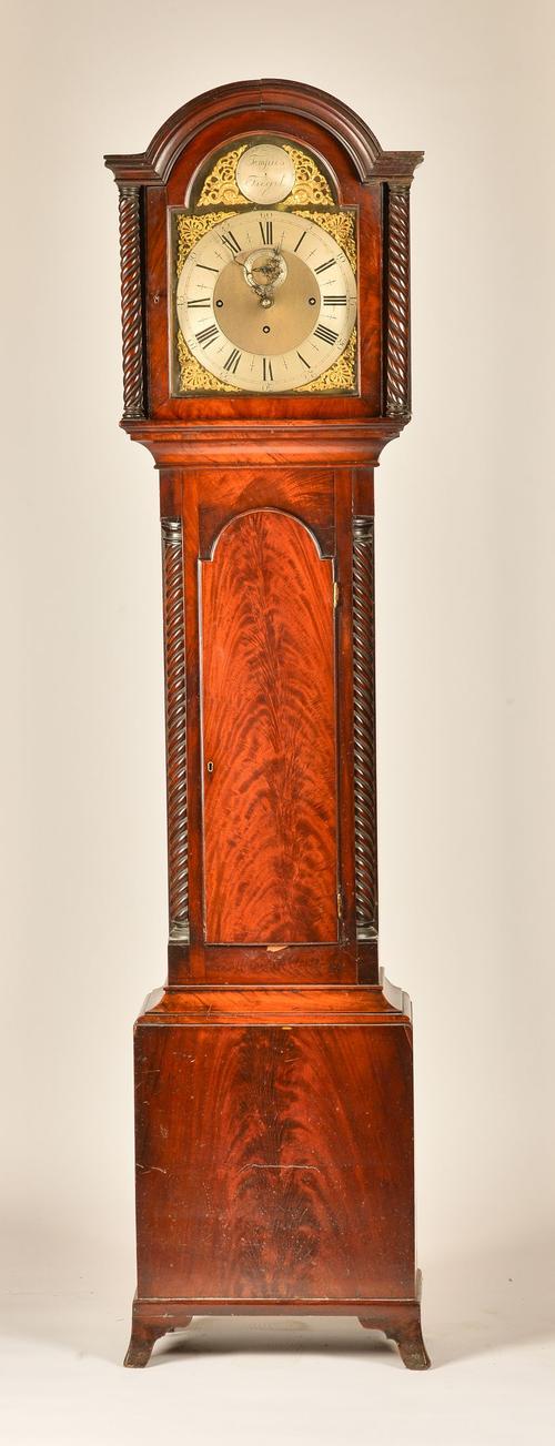 A MAHOGANY CASED THREE TRAIN QUARTER CHIMING LONGCASE CLOCK