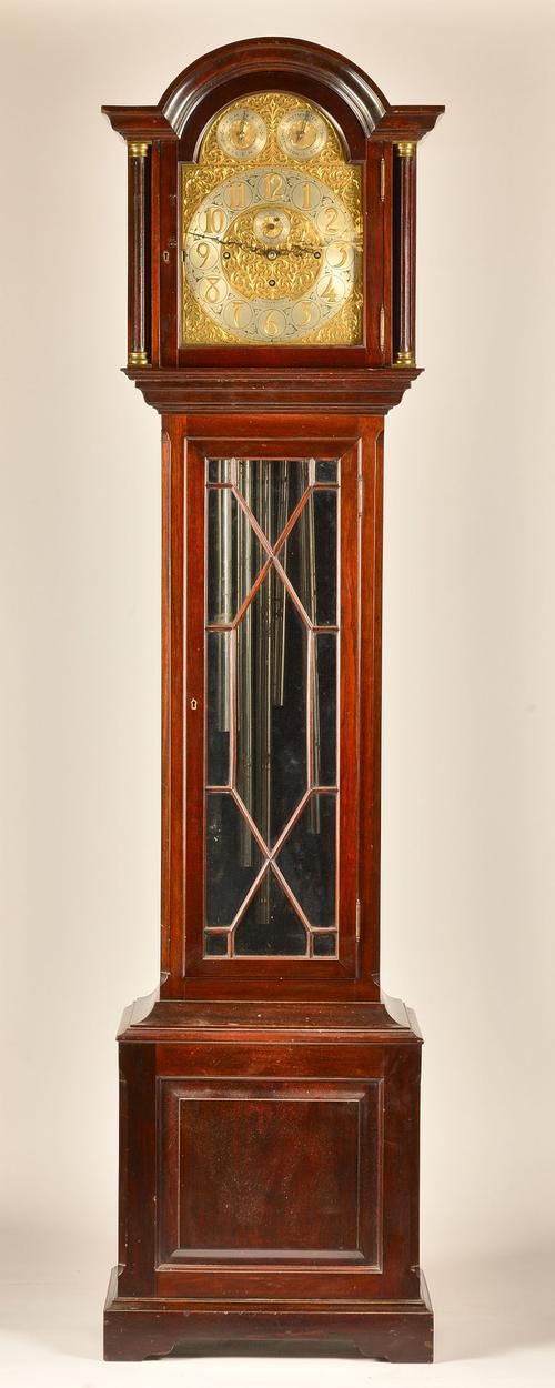 A FINE EDWARDIAN MAHOGANY TUBULAR QUARTER CHIMING LONGCASE CLOCK
