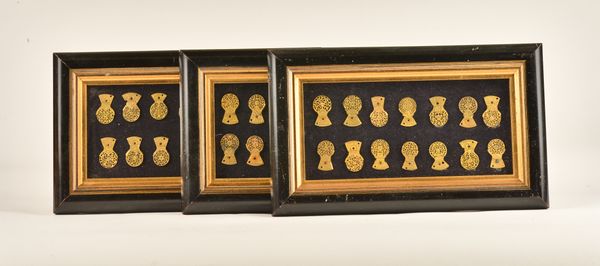 A SET OF THREE FRAMED AND GLAZED ENGLISH WATCH COCKS