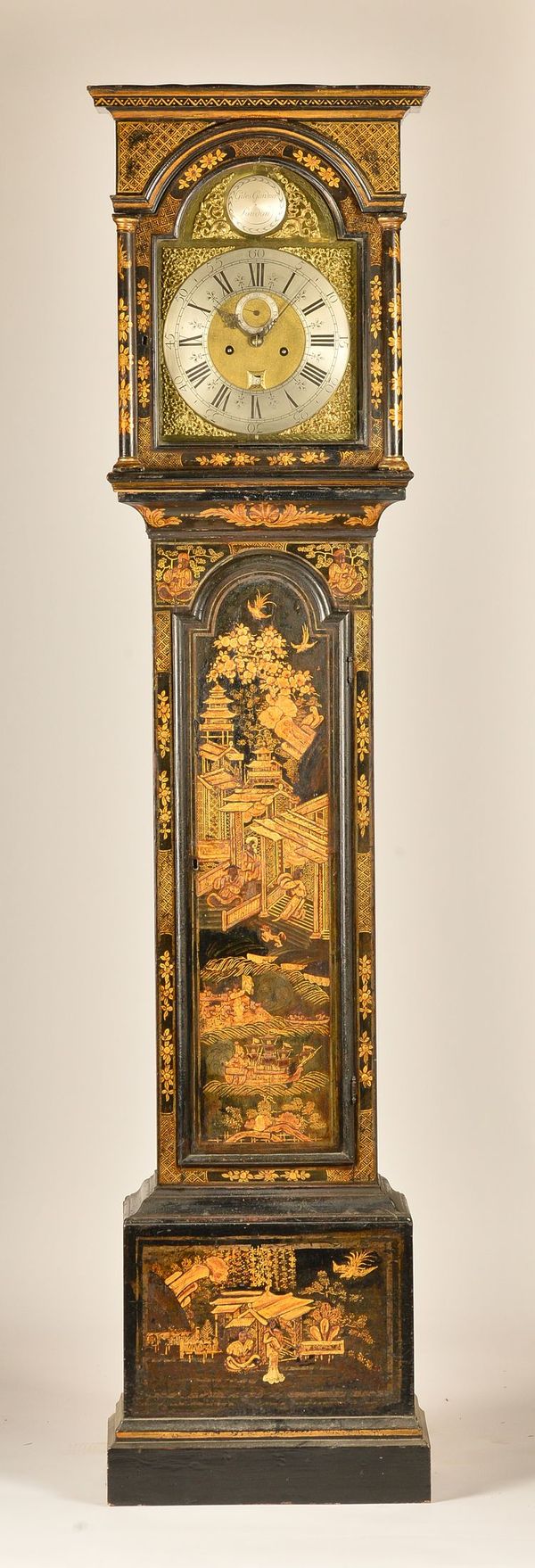 A GEORGE II PARCEL-GILT CHINOISERIE DECORATED STRIKING LONGCASE CLOCK
