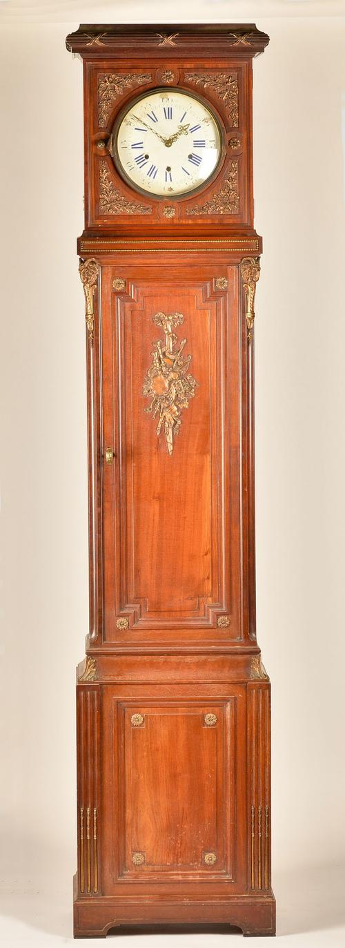 A LARGE FRENCH ORMOLU-MOUNTED MAHOGANY QUARTER CHIMING AND STRIKING LONGCASE CLOCK