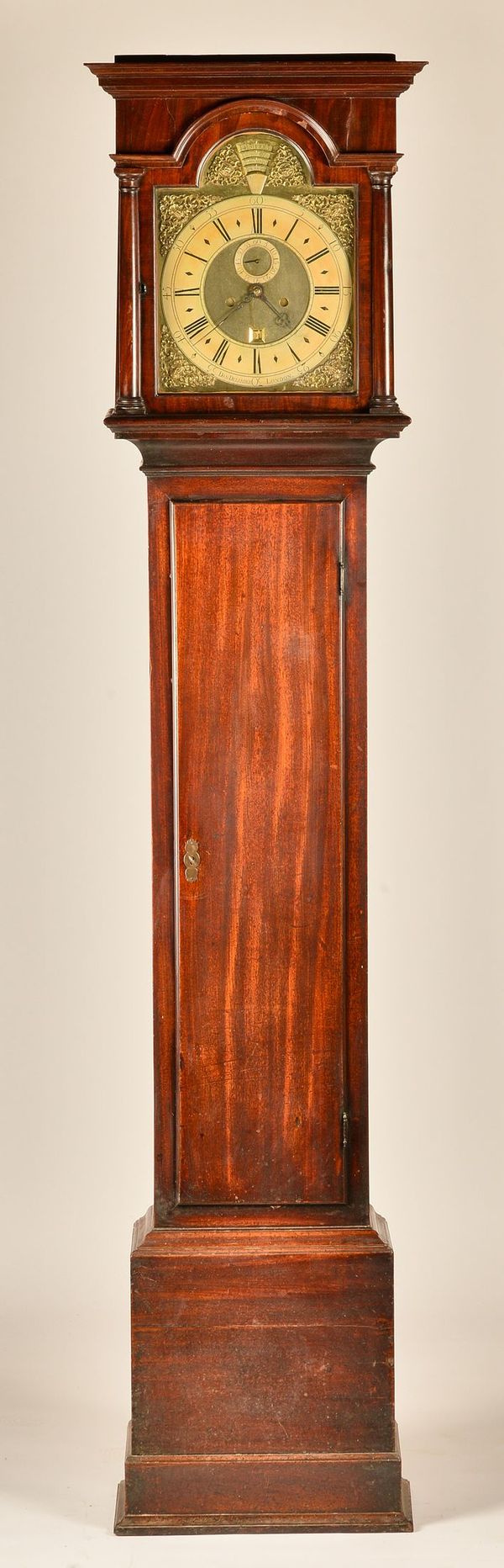 A GEORGE II MAHOGANY STRIKING LONGCASE CLOCK WITH YEAR CALENDAR AND EQUATION OF TIME