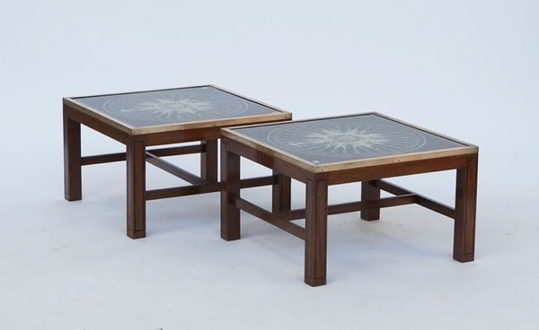 A pair of Campaign style brass bound square occasional tables