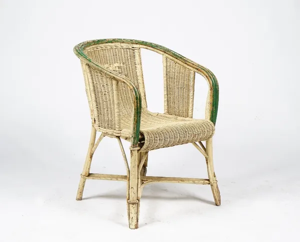 A cream and green-painted caned armchair (2)