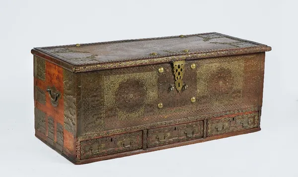 A large Zanzibar copper mounted teak trunk