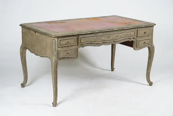 A French grey-painted Louis XV style bureau plat