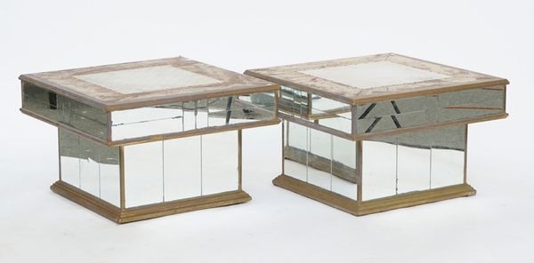 'R.MERCHAN'; A PAIR OF MIRRORED GLASS AND BRASS VENEERED SQUARE OCCASIONAL TABLES