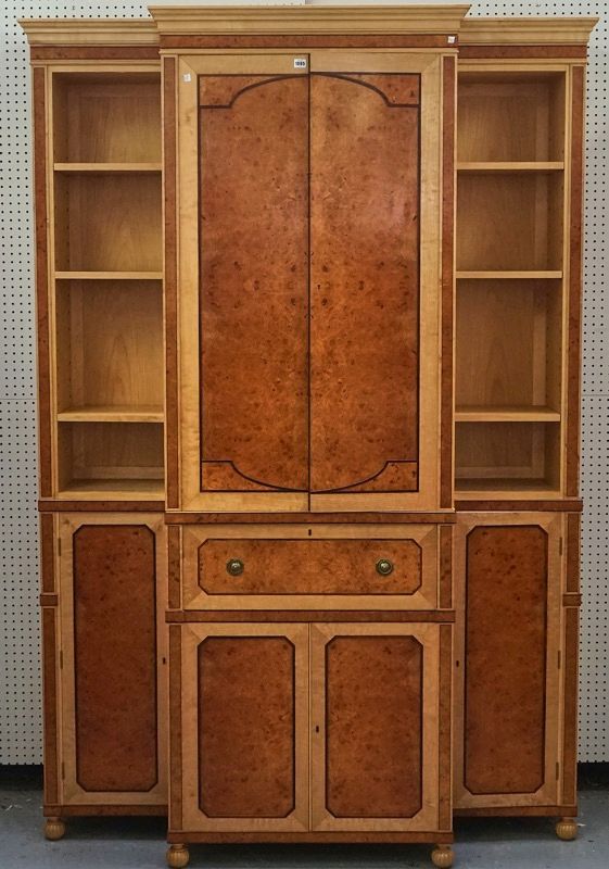 A satinwood birch and burr elm breakfront secretaire bookcase cabinet