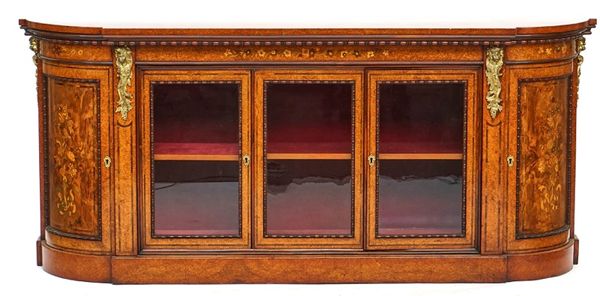 A Victorian gilt metal mounted floral marquetry inlaid figured walnut credenza