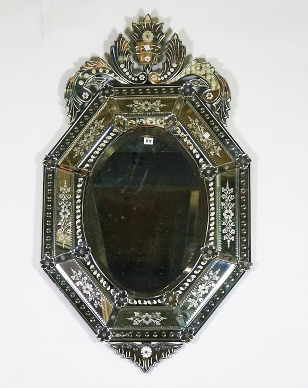 A MODERN ETCHED GLASS CUSHION VENETIAN WALL MIRROR