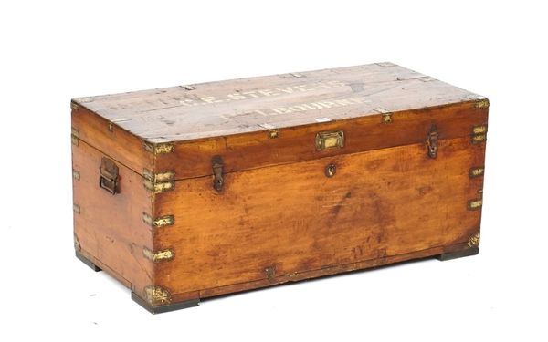 A brass bound camphor wood rectangular travelling trunk