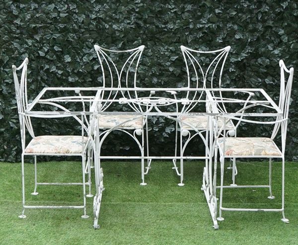 A white painted metal rectangular garden table