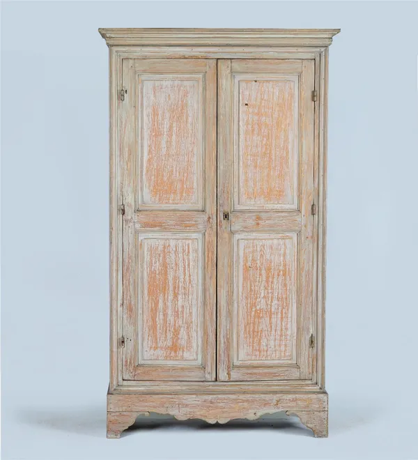 A grey-painted rectangular two door armoire