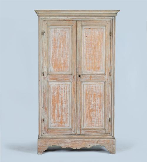 A grey-painted rectangular two door armoire
