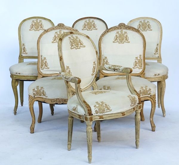 A MATCHED SET OF SIX LOUIS XV/XVI TRANSITIONAL STYLE SIDE CHAIRS