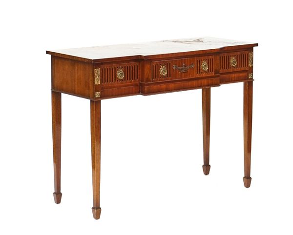 An 18th century style mahogany breakfront three drawer serving table