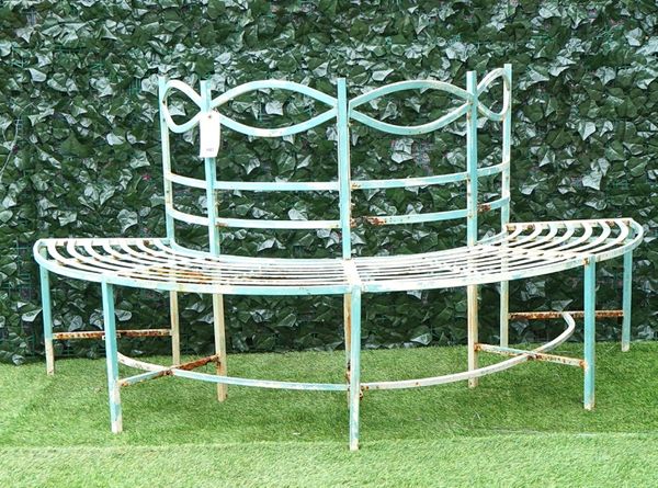 A Regency style aqua painted semi elliptical metal tree guard bench