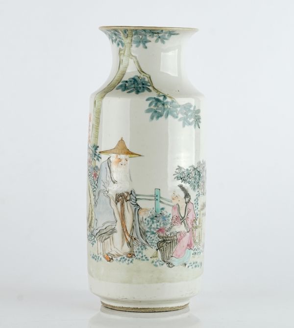 A Chinese porcelain famille-rose rouleau vase