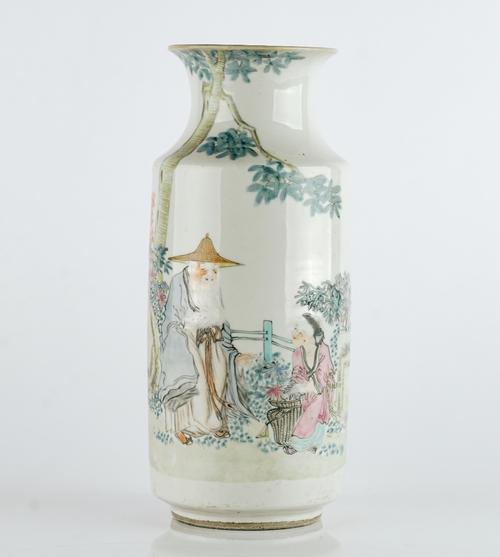 A Chinese porcelain famille-rose rouleau vase