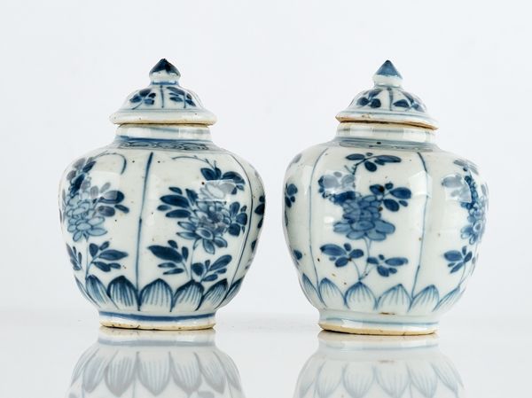 A PAIR OF SMALL CHINESE BLUE AND WHITE VASES AND COVERS