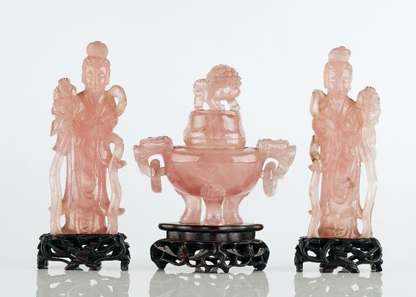 A pair of Chinese rose quartz figures of Guanyin and a rose quartz censer