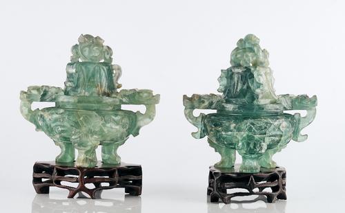 A pair of Chinese green fluorite censers