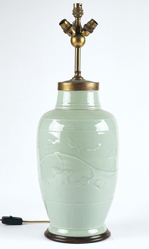 A Chinese celadon glazed vase adapted as a lamp