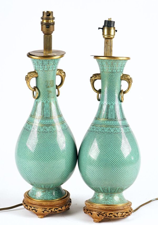 A pair of Chinese green-ground cloisonné vase mounted as lamps