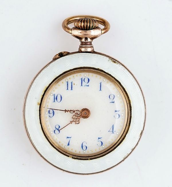 A silver cased and enamelled keyless wind openfaced lady's fob watch