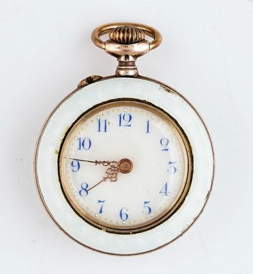 A silver cased and enamelled keyless wind openfaced lady's fob watch