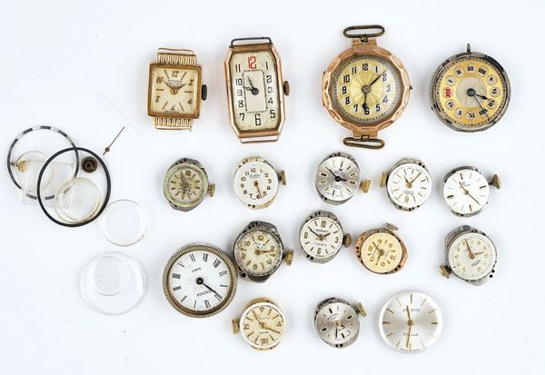 Three ladies gold cased wristwatches and a quantity of wristwatch movements (17)