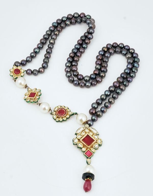 A two row necklace of dark grey tinted freshwater cultured pearls