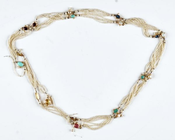 A seed pearl and gem set long necklace