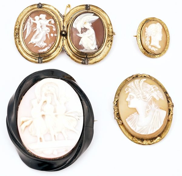 A twin cameo brooch and three further cameo brooches (4)