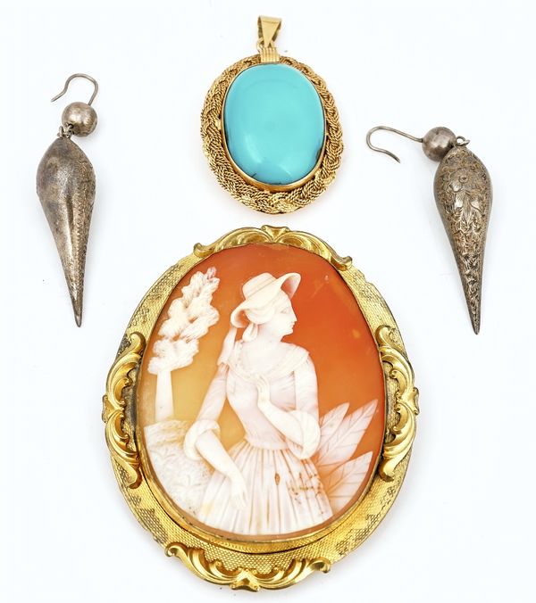 A turquoise pendant, a cameo brooch and a pair of silver pendant earrings (4)