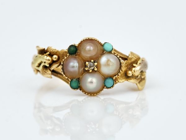 A Victorian gold, half pearl, turquoise and diamond cluster ring