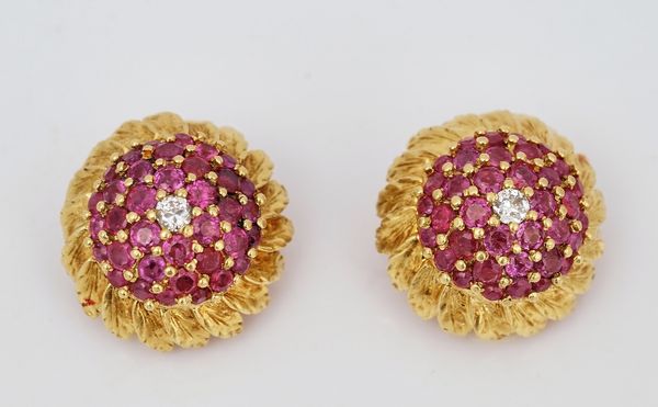 A pair of gold, ruby and diamond earclips
