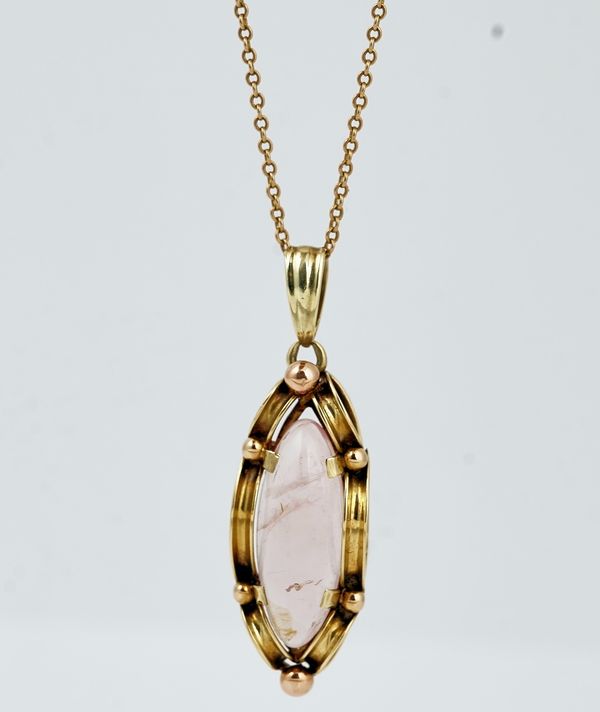 A gold and rose quartz drop shaped pendant, with a neckchain