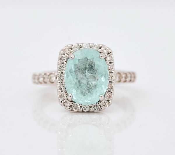 An 18ct white gold, paraiba tourmaline and diamond cluster ring