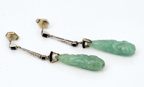A pair of jade, black onyx and diamond pendant earrings