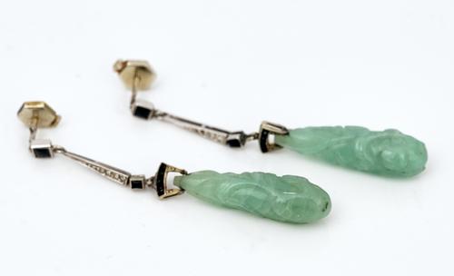 A pair of jade, black onyx and diamond pendant earrings