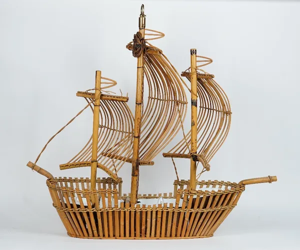 A bamboo and cane hanging light modelled as three-mast ship