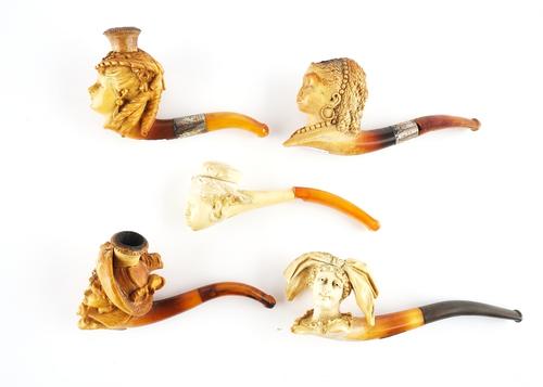 FIVE FIGURAL MEERSCHAUM PIPES / CHEROOT HOLDERS (5)