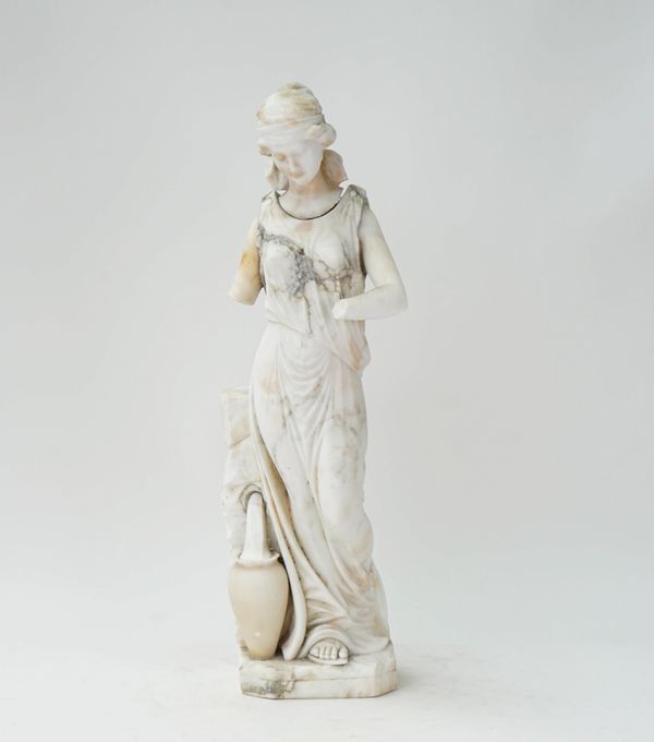 An Italian alabaster figure of a maiden, together with a fluted column