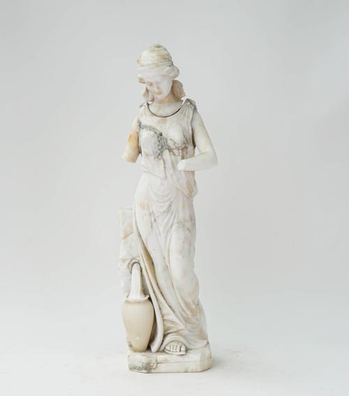 An Italian alabaster figure of a maiden, together with a fluted column