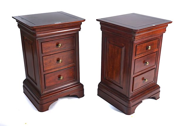 JOHN LEWIS; A PAIR OF FRENCH STYLE MAHOGANY THREE DRAWER BEDSIDE TABLES (2)